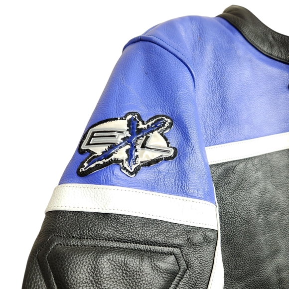 Vintage 90s EXL Leather Motorcycle Riding Jacket Moto Black Blue Mens Size Small - Picture 11 of 16